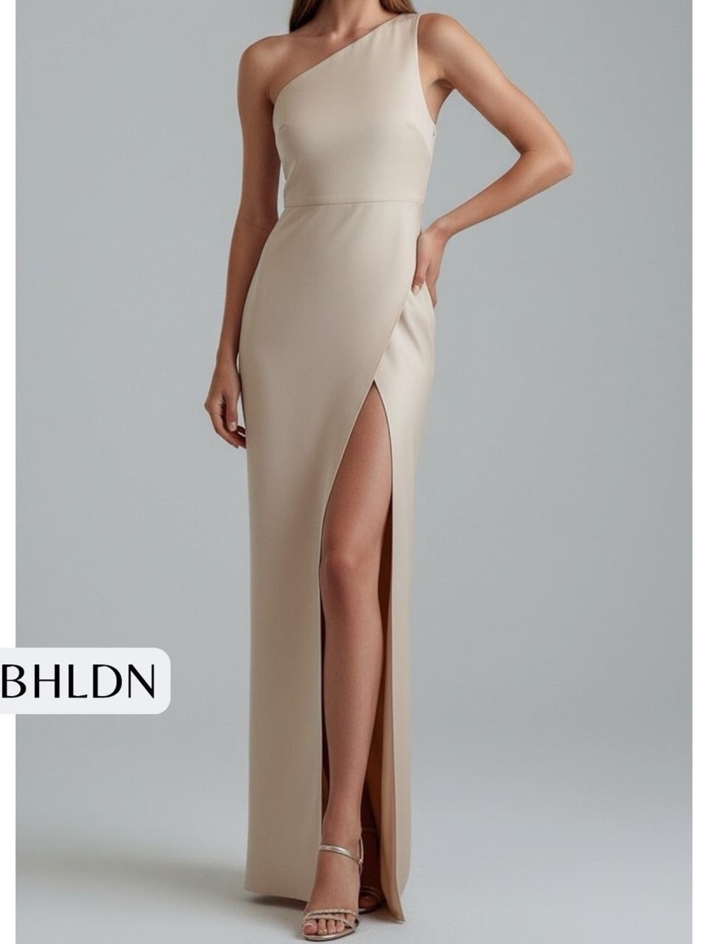 BHLDN One-Shoulder Column Gown in Champagne Beige